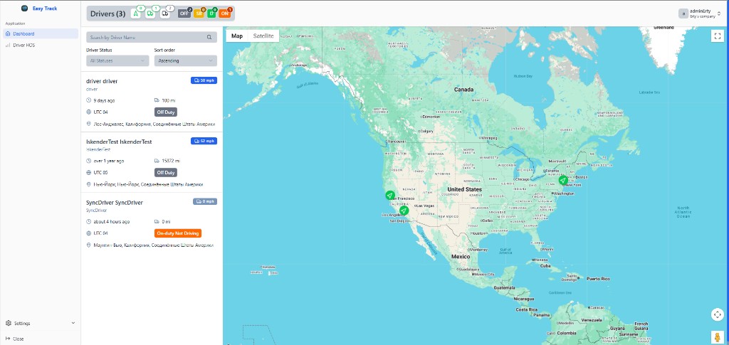 Easy Track fleet dashboard with driver list and live map