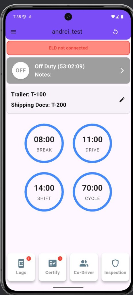 Easy Track mobile app with HOS timers